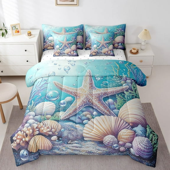Erosebridal Sea Starfish Bedding Sets Twin Size, Seashell Print Comforter Sets with Sheets, Sequin Print Decor, Reversible 7pcs