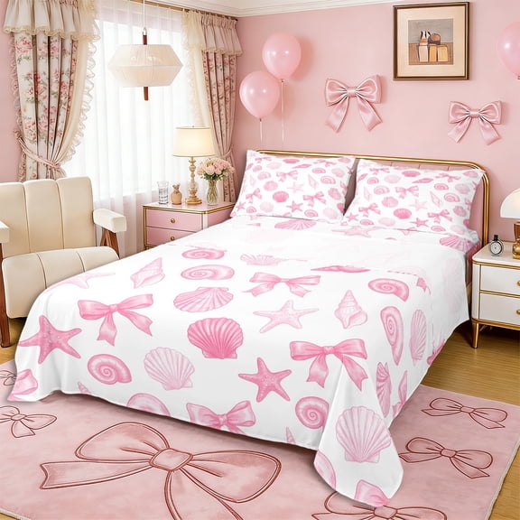 Erosebridal Sea Starfish Bow Knot Full Size Sheets 4-Piece for Girls,Ocean Theme Princess Bow Bed Sheets for Teens Adults,Super Cozy Room Decor