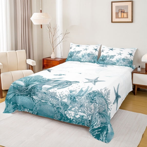 Erosebridal Sea Starfish Turtle Bed Sheets,Summer Nautical Sealife Ocean Coral King Sheets 4pcs