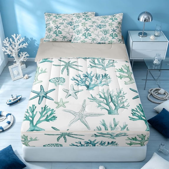 Erosebridal Sea Starfish Zipper Twin Comforter Sets with Fitted Sheet and 2 Pillowcases, Marine Coral Zipper Bedding Set, Gray Reversible