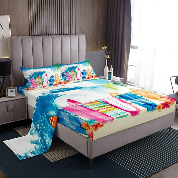 Erosebridal Sea Surfing Sheet Set Twin,Ocean Beach Bedding Sets Twin Size,Super Cozy Bed Sheets Twin,Floral Decoration,3pcs