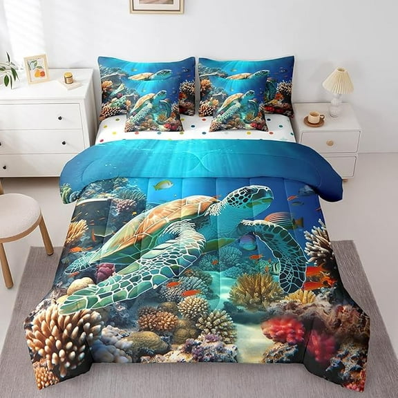 Erosebridal Sea Turtle 7 Pieces Bedding Set Full, Ocean Bed in A Bag Coastal Comforter Set with Sheets Reptile Tortoise Bed Set Lightweight 7Pcs