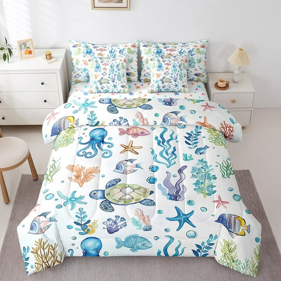 Erosebridal Sea Turtle Bed in a Bag Twin size, Cartoon Sealife Bed Set, Marine Coral Reversible Bedding Twin Size, Lightweight Bedroom Decoration, 7 Pieces