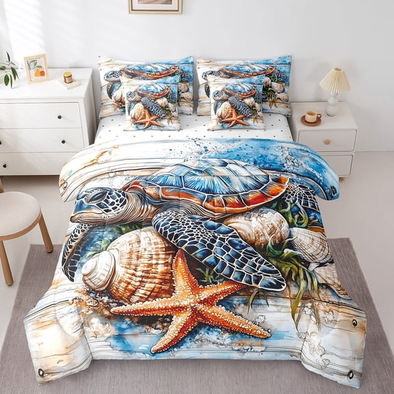 Erosebridal Sea Turtle Bed in a Bag Twin size, Kawaii Starfish Bedding Sets Twin Size, Ocean Seashell Reversible Comforter Sets with Sheets, Microfiber Room Decoration, 7 Pieces