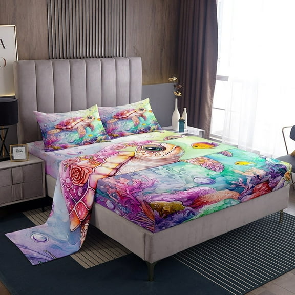 Erosebridal Sea Turtle Bed Sheets Set Twin Size for Teens, Dreamy Sea Bed Sheets Twin, Watercolor Twin Sheet Sets, Lightweight Room Decoration, 3-Piece