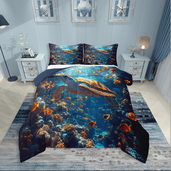 Erosebridal Sea Turtle Bedding King Comforter Set,Ocean Tortoise Bedding Sets King with Comforter,Underwater World Decor,Reversible,Lightweight,3 Pieces