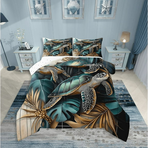 Erosebridal Sea Turtle Bedding King Comforter Set,Tropical Leaves Bedding Sets King with Comforter,Animal Room Decorative,Reversible,Super Cozy,3 Pieces