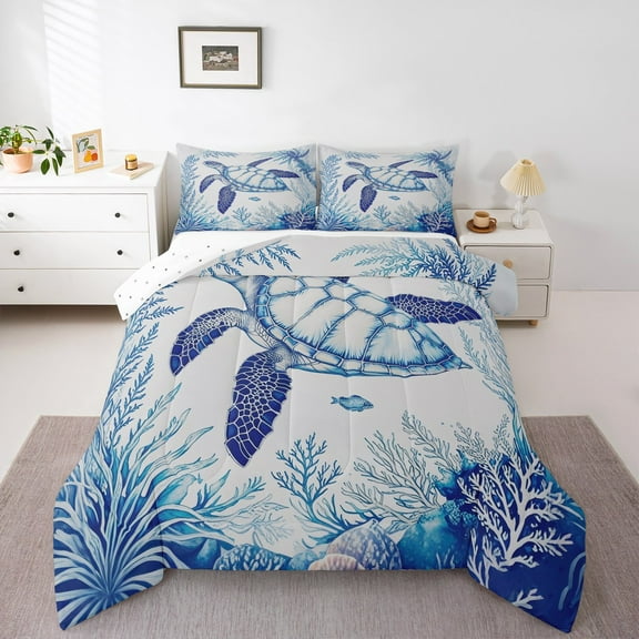 Erosebridal Sea Turtle Bedding King Comforter Set,Watercolor Coral Print Down Comforter,Underwater Animal Bedding Sets King with Comforter,Ultra Soft Bedroom Decoration Reversible,3 Pieces