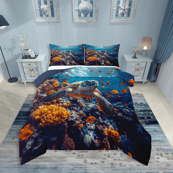 Erosebridal Sea Turtle Bedding Sets Full with Comforter,Ocean Tortoise Duvet Insert,Underwater World Decor,Reversible,3pcs