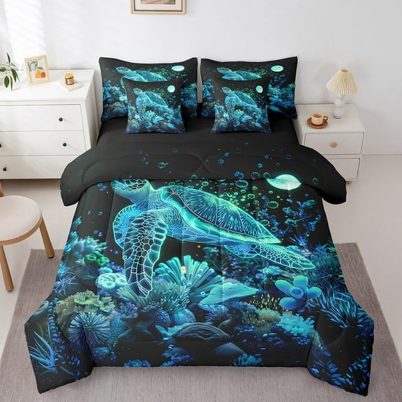 Erosebridal Sea Turtle Bedding Sets King Size,Ocean Animal Bed in a Bag King size,Underwater World Decor,Reversible,Ultra Soft,7 Pieces
