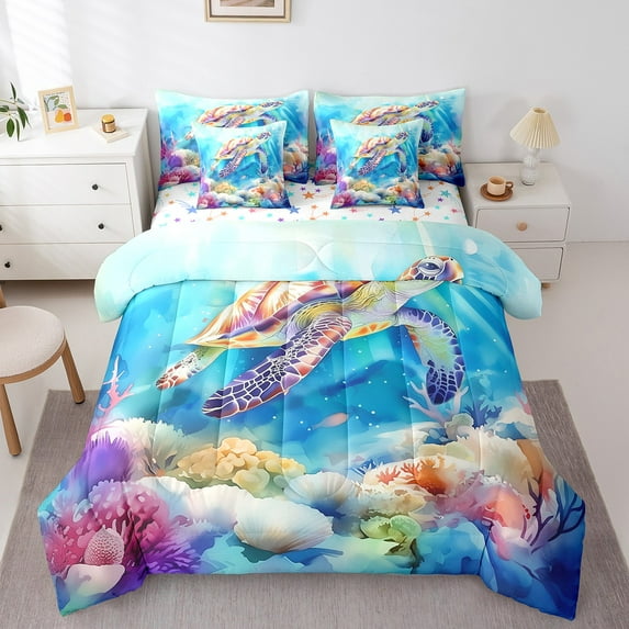 Erosebridal Sea Turtle Bedding Sets King Size, Watercolor Animals Comforter Sets with Sheets, Cartoon Ocean Room Decor, 7pcs