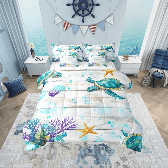 Erosebridal Sea Turtle Bedding Sets Twin Size, Lodge House Comforter Sets with Sheets, Kawaii Starfish Bed Set, Ultra Soft Bedroom Decor, 7 Pieces