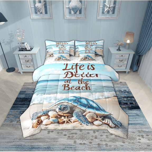 Erosebridal Sea Turtle Bedding Sets Twin Size,Ocean Beach Comforter Sets with Sheets,Sealife Room Decorative,Reversible,Breathable,7pcs
