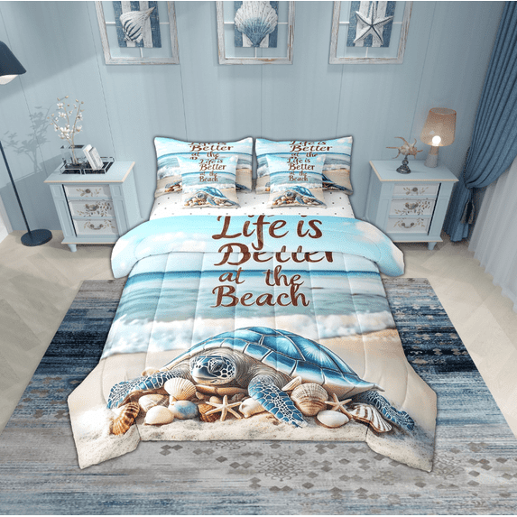 Erosebridal Sea Turtle Bedding Sets Twin Size,Ocean Beach Comforter Sets with Sheets,Sealife Room Decorative,Reversible,Breathable,7pcs