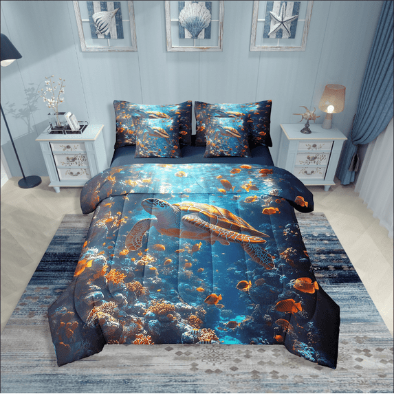 Erosebridal Sea Turtle Bedding Sets Twin Size,Ocean Tortoise Comforter Sets with Sheets,Underwater World Decor,Reversible,Breathable,7-Piece