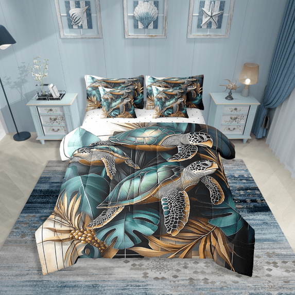 Erosebridal Sea Turtle Bedding Sets Twin Size,Tropical Leaves Comforter Sets with Sheets,Animal Room Decorative,Reversible,Breathable,7-Piece