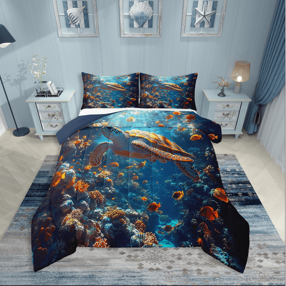 Erosebridal Sea Turtle Bedding Twin Comforter Set,Ocean Tortoise Down Comforter,Underwater World Decor,Reversible,Lightweight,2 Piece