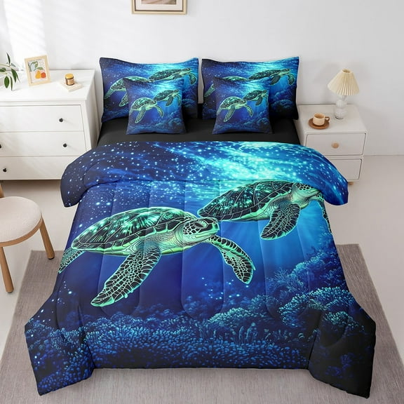 Erosebridal Sea Turtle Bedding Twin Size, Navy Ocean Coral Bedding Sets Twin Size, Underwater World Decor, Reversible