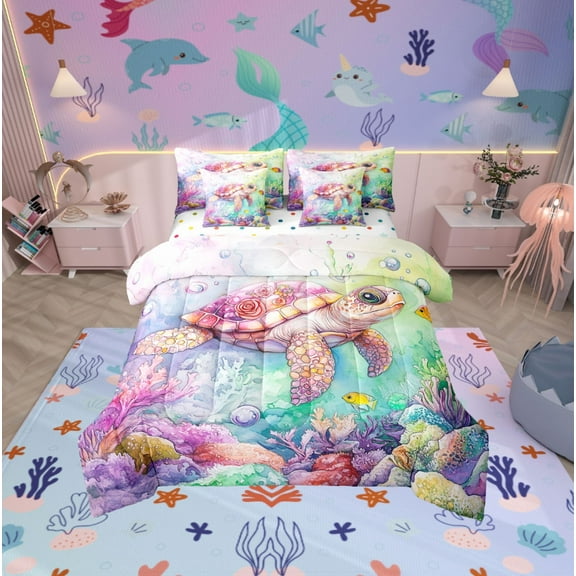 Erosebridal Sea Turtle Bedding Twin Size for Teens, Dreamy Sea Bedding Sets Twin Size, Watercolor Reversible Bed Set, Lightweight Room Decoration, 7-Piece