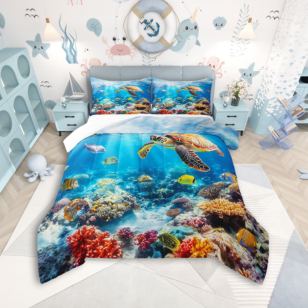 Erosebridal Sea Turtle Comforter Set Twin Size Fish Bedding Set
