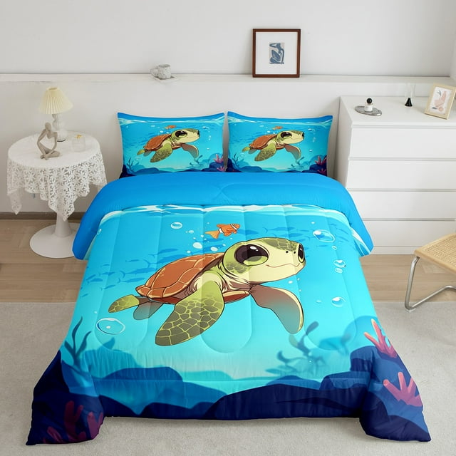 Erosebridal Sea Turtle Comforter Sets Queen Size, Sealife Comforters & Duvets, Ocean Marine Decor, Reversible 3 Pieces