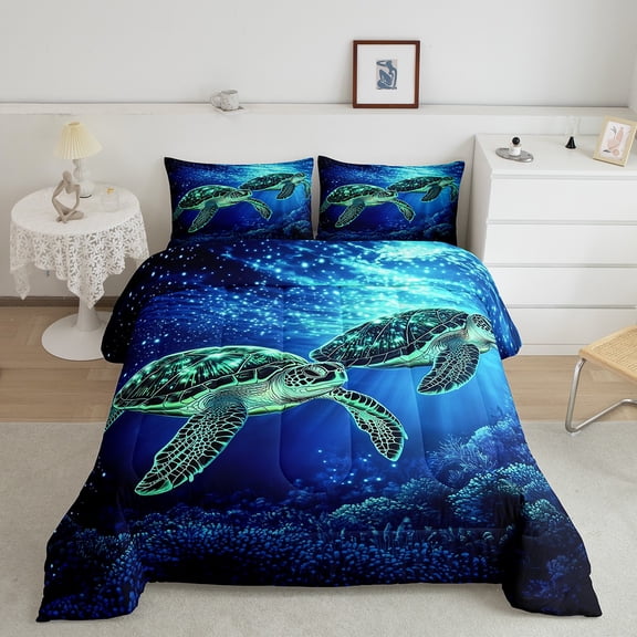 Erosebridal Sea Turtle Comforter Sets Twin Size, Navy Ocean Coral Comforters & Duvets, Underwater World Decor, Reversible