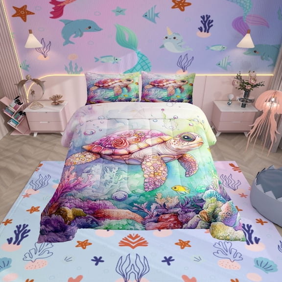 Erosebridal Sea Turtle Comforter Sets Twin Size for Teens, Dreamy Sea Comforters & Duvets, Watercolor Reversible Duvet Insert, Lightweight Room Decoration, 2-Piece