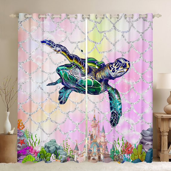 Erosebridal Sea Turtle Curtains,Pink Mermaid Tail Scale Curtains Bedroom Decor,Ocean Life Sea Animal Curtains Colorful Gradient Window Curtains 2 Panels (38Wx54L)