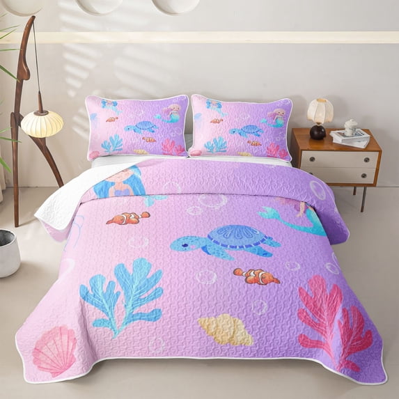 Erosebridal Sea Turtle Mermaid Quilt King for Boys Girls, Pink Purple Cartoon King Coverlet Set, 3 Pieces