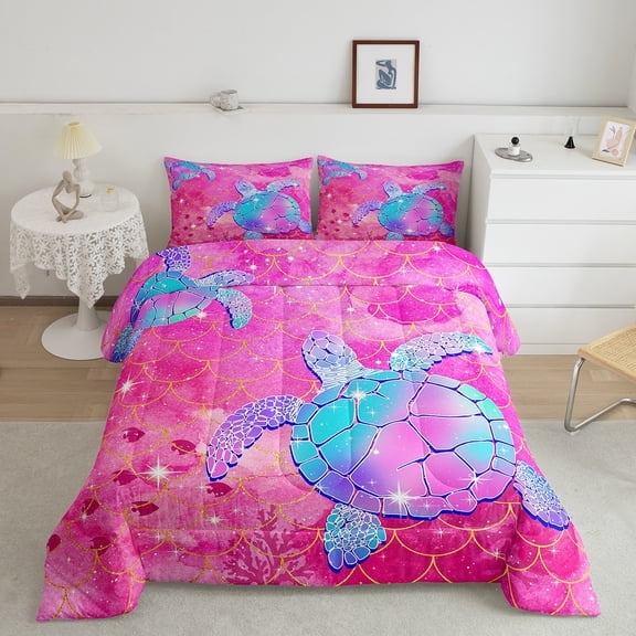 Erosebridal Sea Turtle Print Bedding Full Comforter Set, Pink Sacle Down Comforter, Marine Ocean Reversible Comforter Sets Full Size, Microfiber Bedroom Decorative, 3pcs