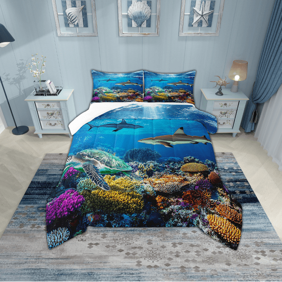 Erosebridal Sea Turtle Shark Bedding Twin Comforter Set,Underwater World Down Comforter,Marine Animal Bedding Sets Twin With Comforter,Ultra Soft Ocean Decorative,2-Piece