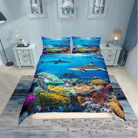 Erosebridal Sea Turtle Shark Comforter Cover Twin,Underwater World Bedding Twin Size,Marine Animal Duvet Cover Twin,Ultra Soft Ocean Decorative,2-Piece(No Comforter)