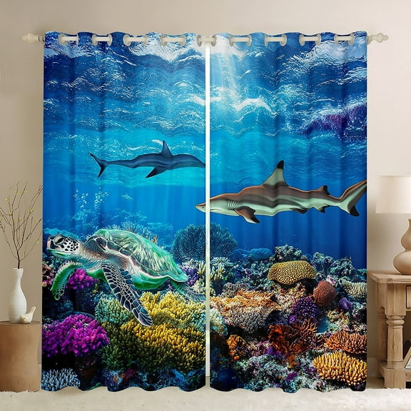 Erosebridal Sea Turtle Shark Curtains for Living Room,Underwater World 30%-50% Blackout Curtains Set of 2 (38x45),Marine Animal Curtains and Drapes (38x45),Ocean Decorative