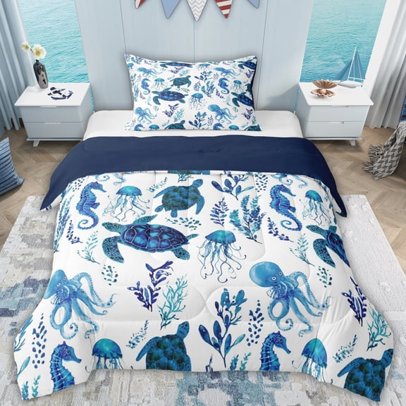 Erosebridal Sea Turtle Twin Comforter Sets for Kids, Blue Cute Octopus Bedding Set, 2pcs