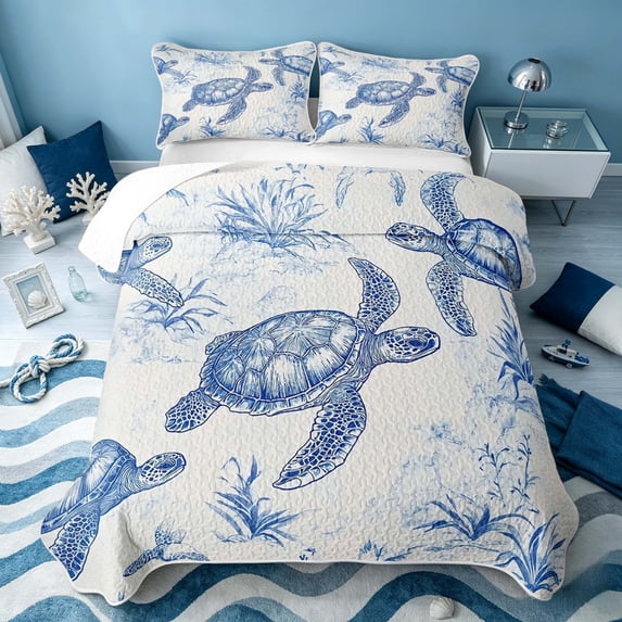 Erosebridal Sea Turtle Twin Quilt Set, Marine Wildlife Twin Coverlet Set, Reversible 2 Pieces, 1 Bedspread and 1 Pillowcase
