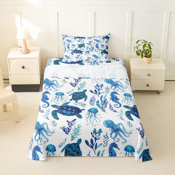 Erosebridal Sea Turtle Twin Sheet Sets for Kids, Blue Cute Octopus Bedding, 3pcs