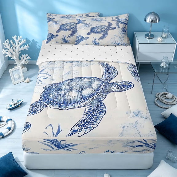 Erosebridal Sea Turtle Zipper Queen Comforter Set with Fitted Sheet and 2 Pillowcases, Marine Wildlife Zipper Bedding Set, Reversible