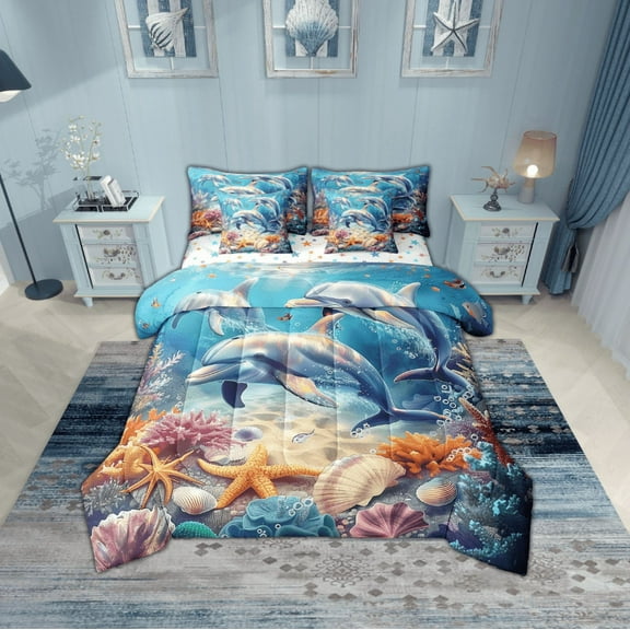 Erosebridal Sealife Dolphin Bedding Sets Twin Size,Marine Animal Comforter Sets with Sheets,Sea Decor,Reversible,Breathable,7pcs