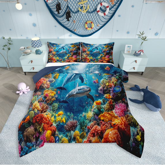 Erosebridal Sealife Dolphin Comforter Sets,Underwater World Comforters & Duvets,Marine Animal Bedroom Decor,Reversible,Breathable,2pcs