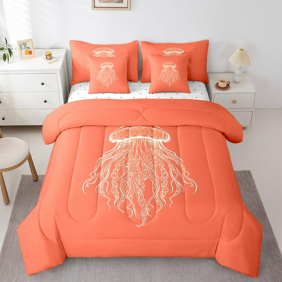Erosebridal Sealife Jellyfish Bedding Queen Size,Ocean Animal Bed In A Bag Queen Size,Watercolor Room Decorative,Reversible,Lightweight,7 Pieces
