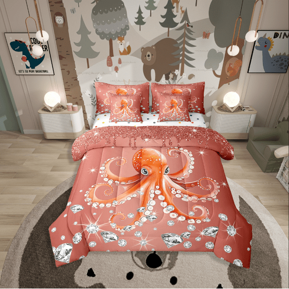 Erosebridal Sealife Octopus Bed In A Bag Full Size,Crystal Glitter Bed Set,Sequin Print Decoration,Reversible,Breathable,7-Piece