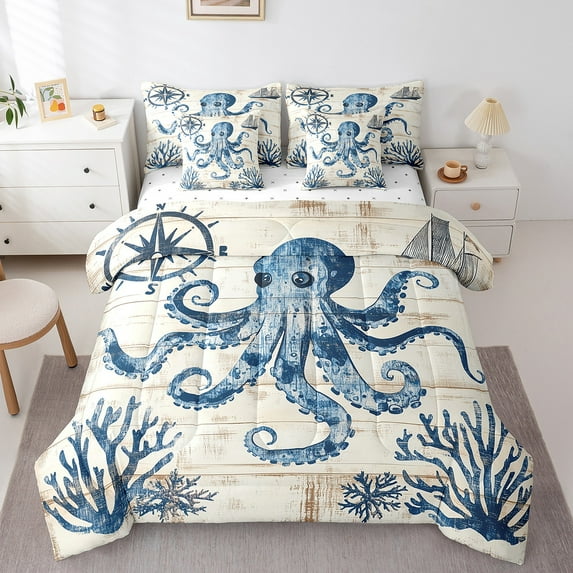 Erosebridal Sealife Octopus Bed in a Bag Queen size, Ocean Coral Bed Set, Nautical Compass Decor, 7 Pieces