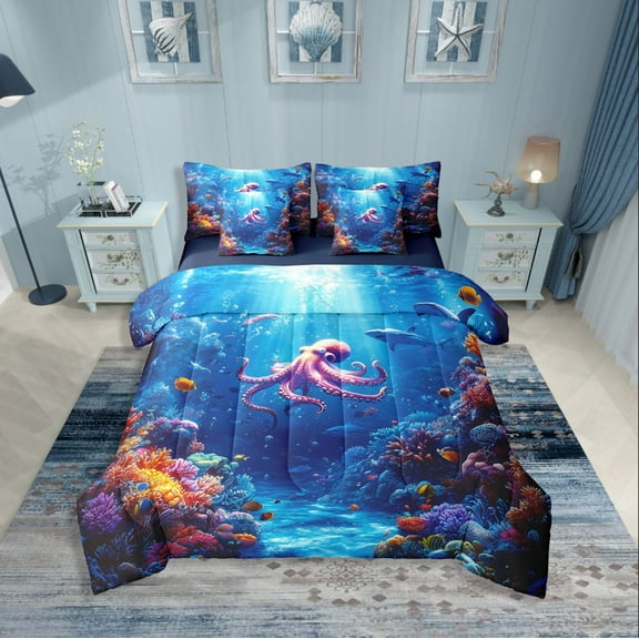 Erosebridal Sealife Octopus Bedding Sets Twin Size,Underwater World Comforter Sets with Sheets,Wildlife Bedroom Decor,Reversible,Breathable,7-Piece