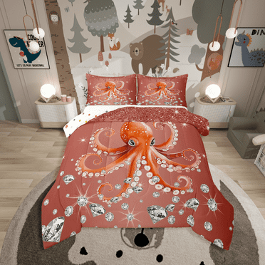 Erosebridal Sealife Octopus Bedding Twin Comforter Set,Crystal Glitter Down Comforter,Sequin Print Decoration,Reversible,2-Piece