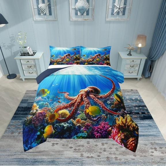 Erosebridal Sealife Octopus Bedding Twin Comforter Set,Marine Animal Down Comforter,Sea Room Decorative,Reversible,Lightweight,2-Piece