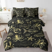 Erosebridal Sealife Print Bedding Sets Twin Size, Octopus Starfish Comforter Sets with Sheets, Black Gold, Reversible 7 Pieces