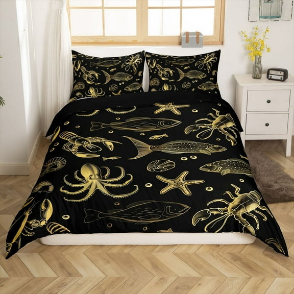 Erosebridal Sealife Print Comforter Cover Twin, Octopus Starfish Duvet Cover Twin, Black Gold, Reversible 2 Pieces（No Comforter）
