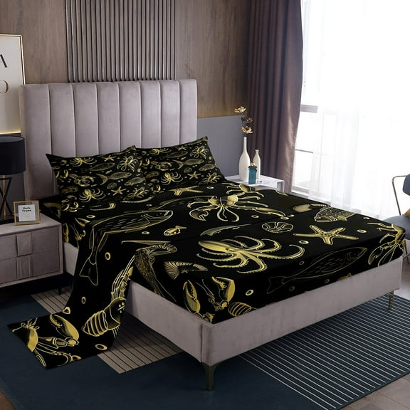 Erosebridal Sealife Print Sheet Set Twin, Octopus Starfish Bedding Sets Twin Size, Black Gold 3 Pieces