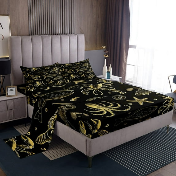 Erosebridal Sealife Print Sheet Set Twin, Octopus Starfish Bedding Sets Twin Size, Black Gold 3 Pieces