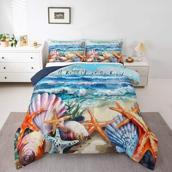 Erosebridal Sealife Seahorse Bedding King Comforter Set,Marine Animal Starfish Bedding Sets King with Comforter,Ocean Bedroom Decor,Reversible,Breathable,3-Piece